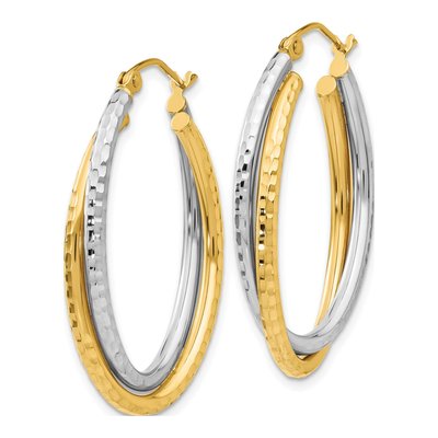 14K Two-Tone Gold Diamond-Cut Oval Hoop Earrings – view 3