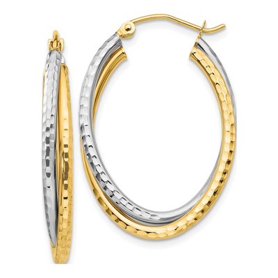 14K Two-Tone Gold Diamond-Cut Oval Hoop Earrings