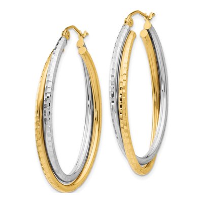 14K Two-Tone Gold Diamond-Cut Oval Hoop Earrings – view 3