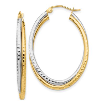 14K Two-Tone Gold Diamond-Cut Oval Hoop Earrings