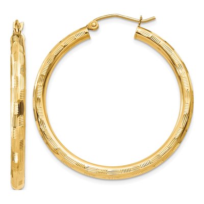 14K Yellow Gold 35mm Diamond-Cut Tube Hoop Earrings