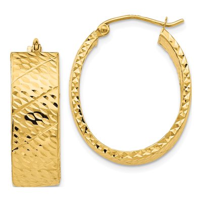 14K Yellow Gold Diamond-Cut Oval Hoop Earrings