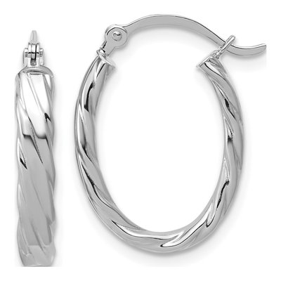 14K White Gold Patterned Oval Hoop Earrings