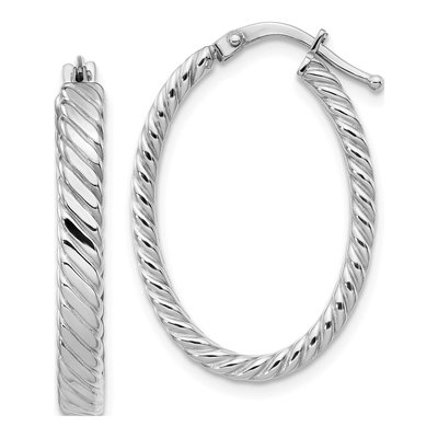14K White Gold 27mm Large Patterned Oval Hoop Earrings