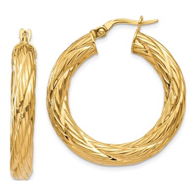 14K Yellow Gold 32mm Textured Tube Hoop Earrings