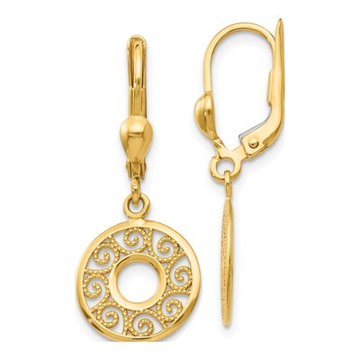 14K Yellow Gold Filigree Circle Leverback Earrings
