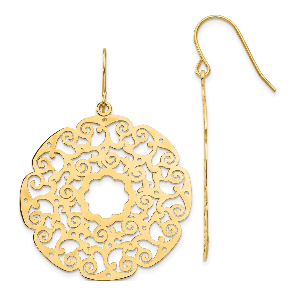 14K Yellow Gold Lace Filigree Circle Dangle Earrings