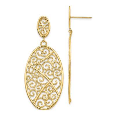 14K Yellow Gold Filigree Oval Dangle Earrings