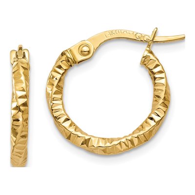 14K Yellow Gold 15mm Textured Hoop Earrings