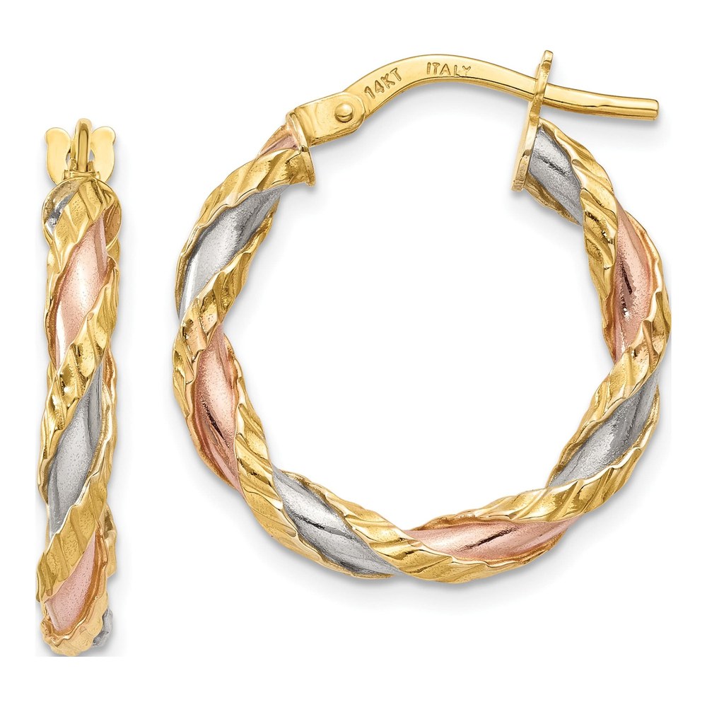 14K Yellow & Rhodium With White Rose Textured Twisted Hoop Earrings