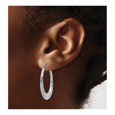 14K White Gold Textured Oval Hoop Earrings – view 4