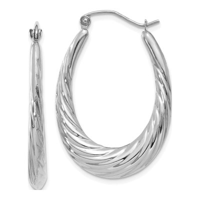 14K White Gold Textured Oval Hoop Earrings