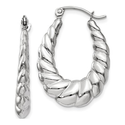 14K White Gold Textured Oval Hoop Earrings