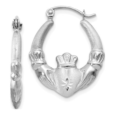14K White Gold Claddagh Hoop Earrings