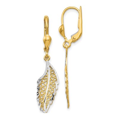 14K Yellow Gold Filigree Leaf Leverback Earrings