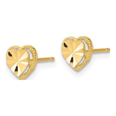 14K Yellow Gold Diamond-Cut Heart Stud Earrings – view 3