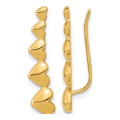 14K Yellow Gold Graduated Hearts Ear Climbers Threader Earrings