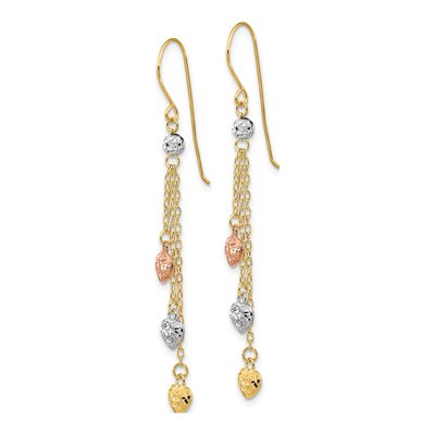 14K Tri-Color Gold Triple Heart Dangle Earrings – view 2
