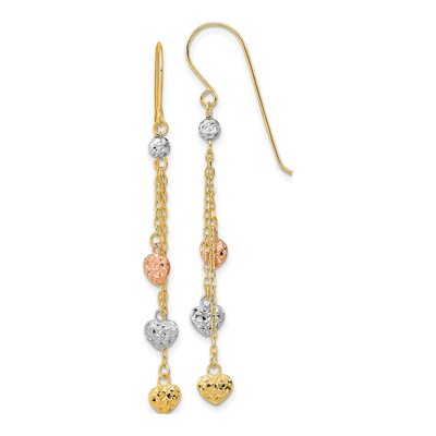 14K Tri-Color Gold Triple Heart Dangle Earrings