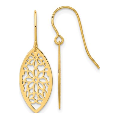 14K Yellow Gold Flower Oval Frame Dangle Earrings