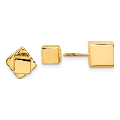 14K Yellow Gold Cube Front Back Stud Earrings
