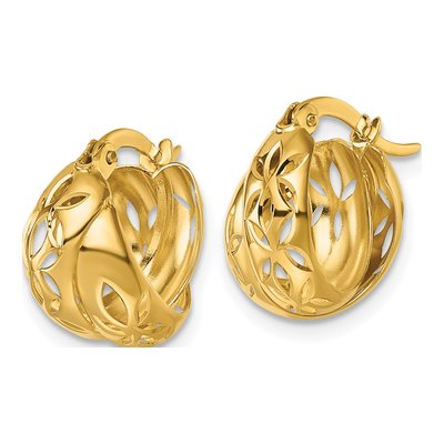 14K Yellow Gold 15mm Diamond-Cut Floral Hoop Earrings – view 3