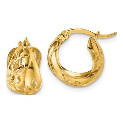 14K Yellow Gold 15mm Diamond-Cut Floral Hoop Earrings