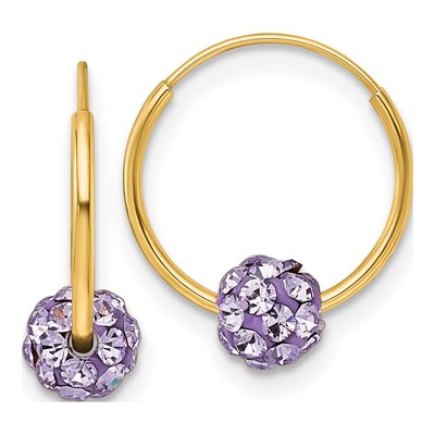 14K Yellow Gold 13mm Lavender Crystal Endless Hoop Earrings