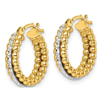 14K Two-Tone Gold 16mm Diamond-Cut Beaded Hoop Earrings – view 3