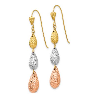 14K Tri-Color Gold Diamond-Cut Teardrop Dangle Earrings – view 3