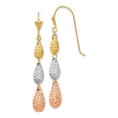 14K Tri-Color Gold Diamond-Cut Teardrop Dangle Earrings
