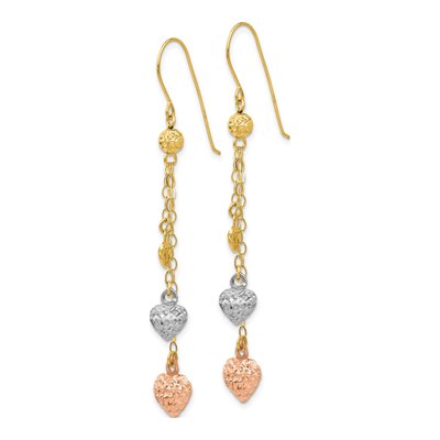 14K Tri-Color Gold Puffed Heart Dangle Earrings – view 3