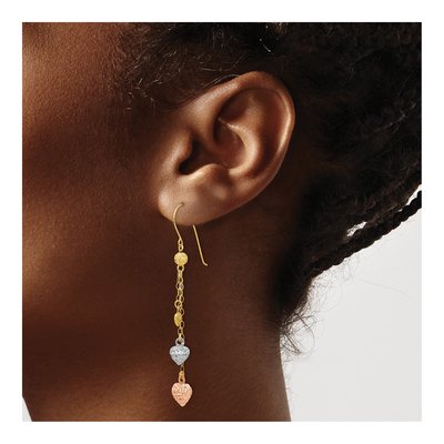 14K Tri-Color Gold Puffed Heart Dangle Earrings – view 4
