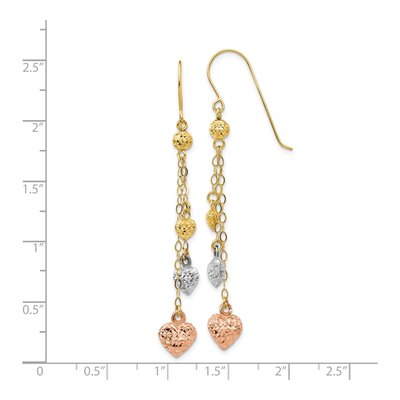 14K Tri-Color Gold Puffed Heart Dangle Earrings – view 5