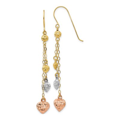 14K Tri-Color Gold Puffed Heart Dangle Earrings