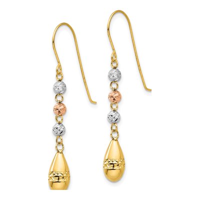14K Tri-Color Gold Puffed Teardrop Dangle Earrings – view 3