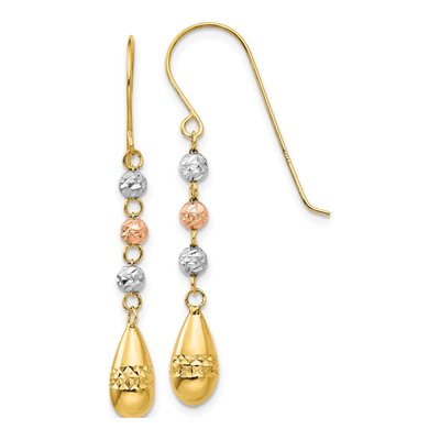 14K Tri-Color Gold Puffed Teardrop Dangle Earrings