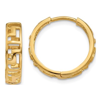 14K Yellow Gold 15mm Greek Key Huggie Hoop Earrings