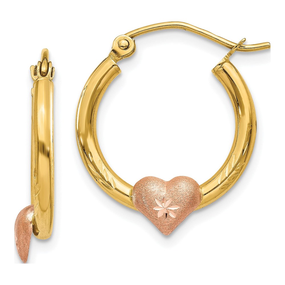 14K Two-Tone Gold Heart Diamond-Cut Hoop Earrings