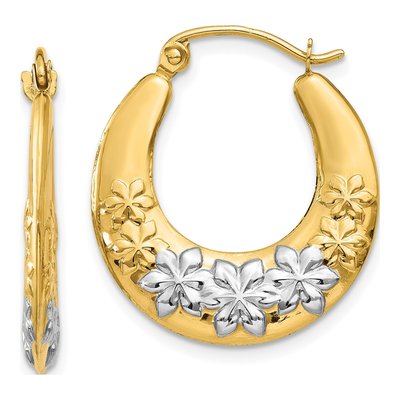 14K Yellow Gold Hollow Flower Hoop Earrings