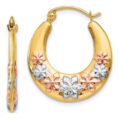 14K Yellow Gold Hollow Flower Hoop Earrings