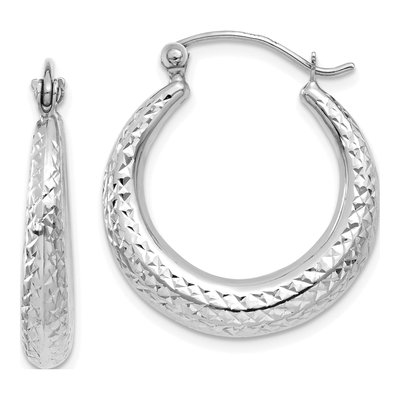 14K White Gold Diamond-Cut Hollow Hoop Earrings