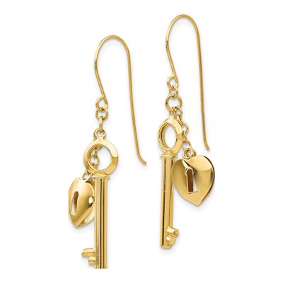 14K Yellow Gold Heart Lock Key Dangle Earrings – view 3