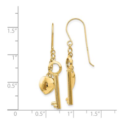 14K Yellow Gold Heart Lock Key Dangle Earrings – view 5