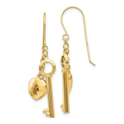 14K Yellow Gold Heart Lock Key Dangle Earrings