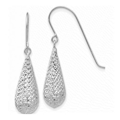 14K White Gold Diamond-Cut Teardrop Dangle Earrings