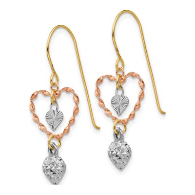 14K Tri-Color Gold Diamond-Cut Heart Dangle Earrings – view 3