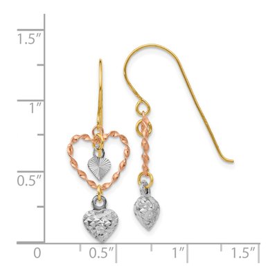 14K Tri-Color Gold Diamond-Cut Heart Dangle Earrings – view 5