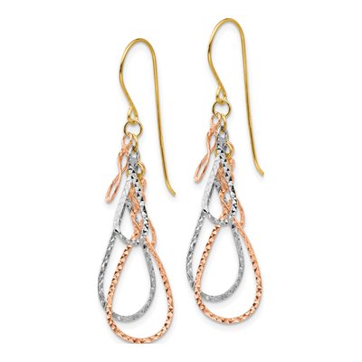 14K Tri-Color Gold Diamond-Cut Teardrop Dangle Earrings – view 2