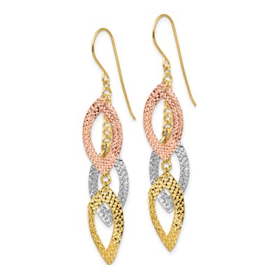 14K Tri-Color Gold Diamond-Cut Leaf Dangle Earrings – view 3